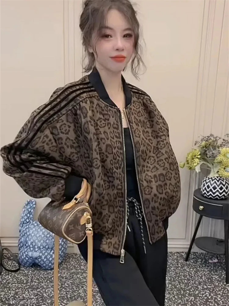 European Leopard Print Cardigan Outwear Womens Spring and Autumn Short Loose Casual Jacket Stylish Baseball Top Coat 250213