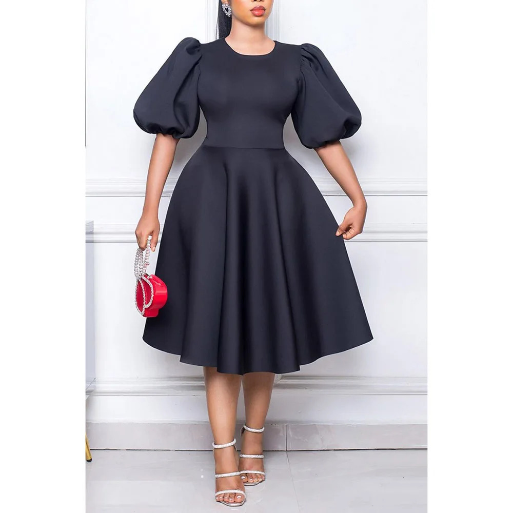 Plus Size Black Casual Womens Dress O Neck Puff Sleeve A Line Round Slim Fit Midi Formal 250214