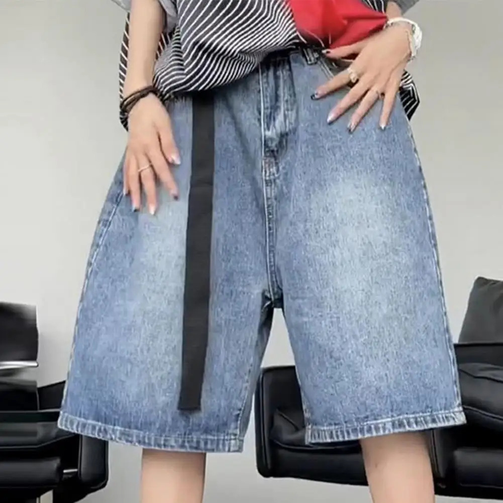 Retro Womens Denim Shorts with Belt Wide Leg Straight Loose Knee Length Hip Hop High Waist Gradient Color Shorts Jeans 250210