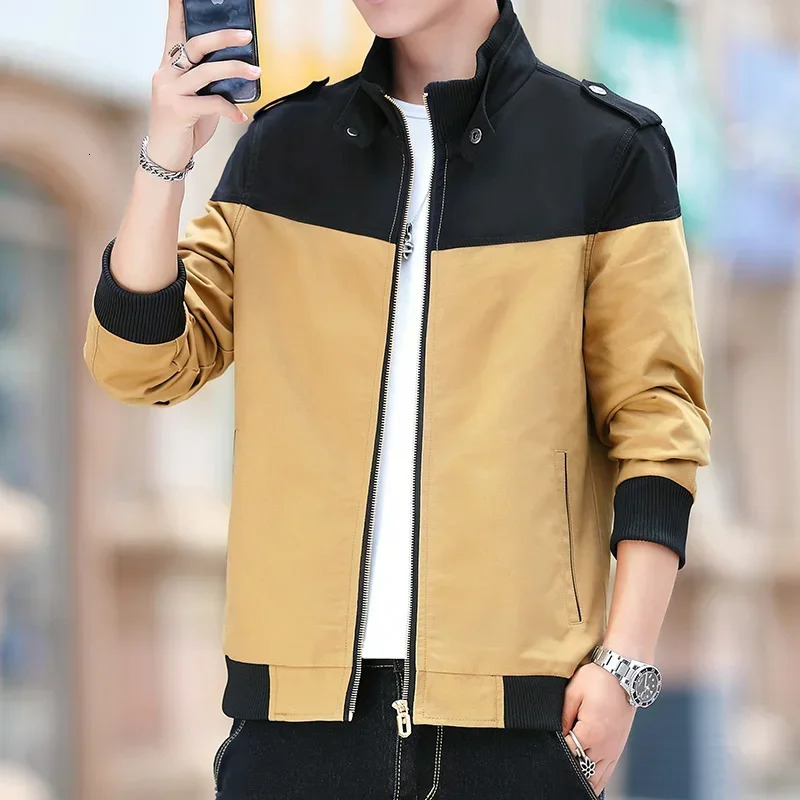 Pure Cotton Jacket Spring Mens Casual Color Blocking Zipper Stand Up Collar Coat Outdoor Fashion Versatile Baseball Clothing 250212