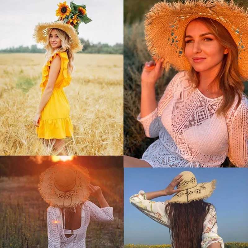 New Summer Womens Natural Cork Lafia Straw Hat Ribbon Bow Shadow Panama Hat Large Wide Brown Girls Vacation Beach Hat W250217