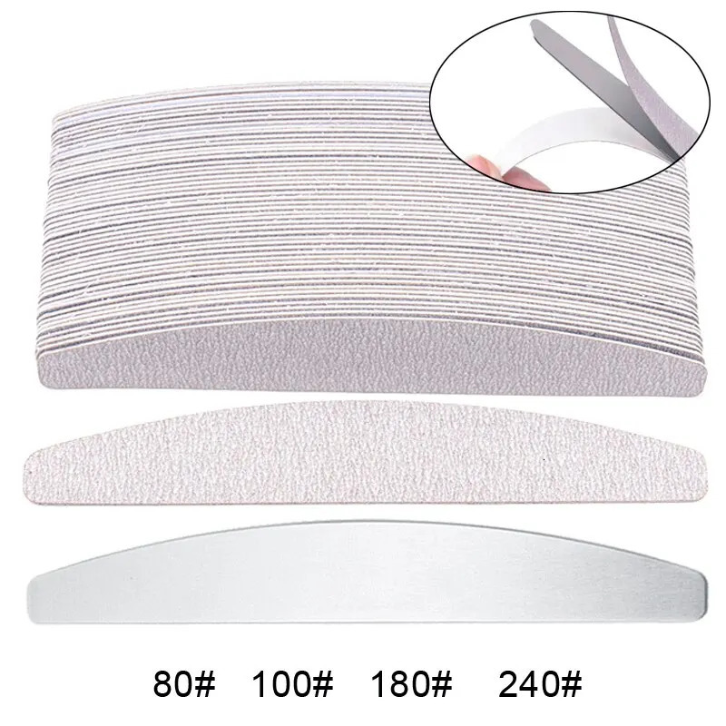 100 Pcs/Lot Replacement Nail Files 80/100/180/240 Grit Half Moon Grey Sandpaper Pads With Metal Handle Removable Durable Files 250214
