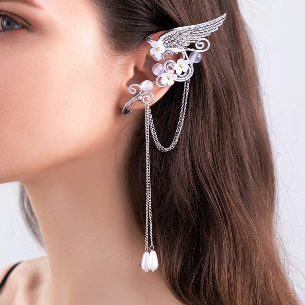 Charm Fairy Long Tassel Elf Ear Cuff Wrap Wings Resin Flowers No Piercing Elven Clip On Earrings For Women Cosplay 250213