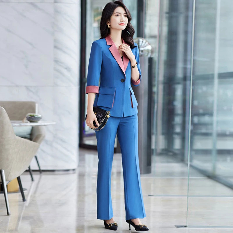 High End Professional Suit Office Women Blazer 2 Piece Set Fashion Big Pocket Female Jacket Casual Flared Trousers 250210