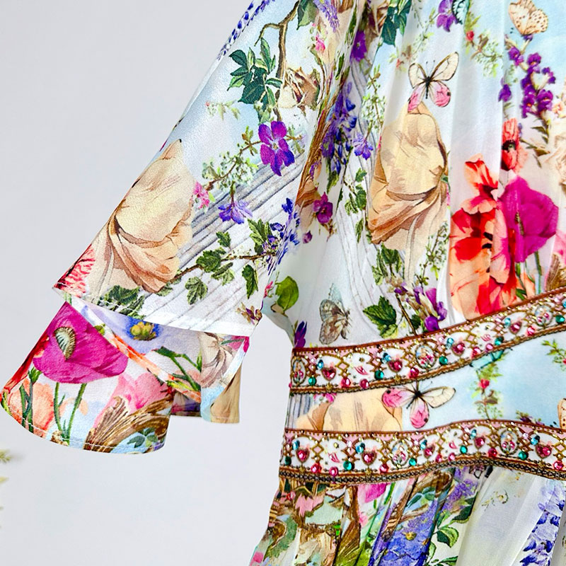 Women's Floral Print Silk Maxi Dress Flared Long Sleeve Waist Up Deep V-Neck Big Hem Handcrafted Crystal Rhinestones Elegant Spring Beach Luxury 