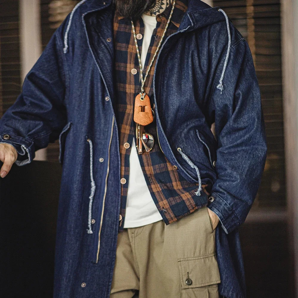 Maden Retro 102oz M51 Denim Jackets Fishtail Windbreaker Loose MidLength Solid Color Hooded for Mens Autumn Tops 250210
