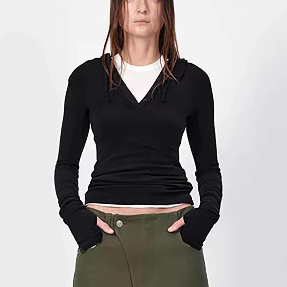 Drawstring Hooded Women's T-Shirt Y2k Ribbed Decoration Simple Slim Long Sleeve Knit Top Bottom Shirt 2025 New