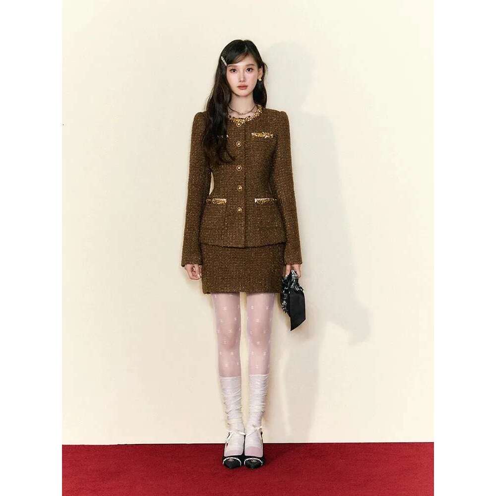 Original Design Beaded Fitted Tweed Jacket Skirt Autumn And Winter Women Female Two-Piece Set High Quality Fashion