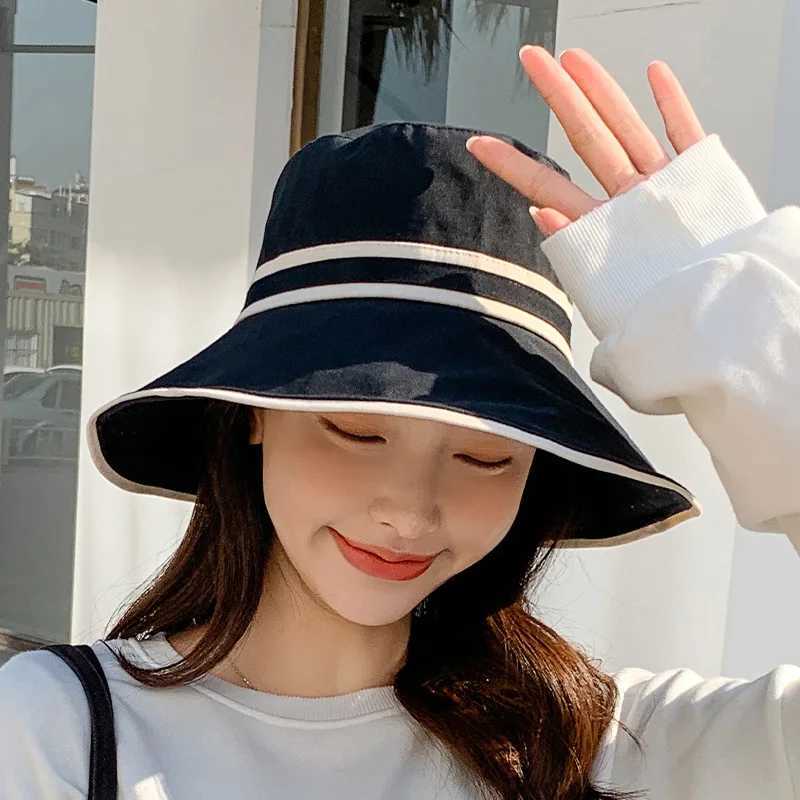 Womens Summer Bucket Hat Soft Cotton Strip Wide Brim Fishermans Hat Travel Beach Ladies Outdoor Folding Panama Basin Hat W250217