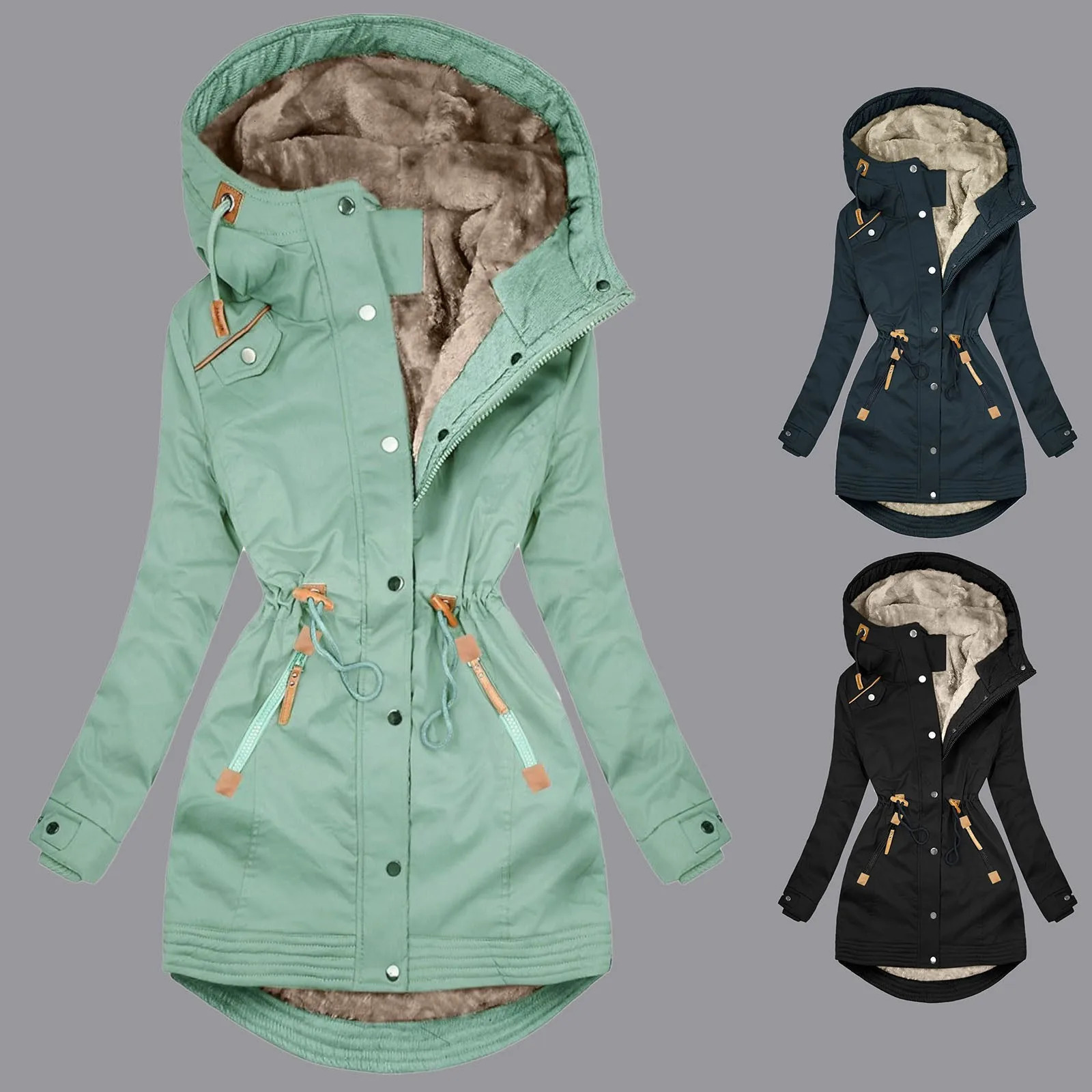 Womens Rain Jacket With Hood Causal Fleece Lined Raincoat Trendy Long Sleeve Trench Coats Windproof Outwear Casual Loose 250213