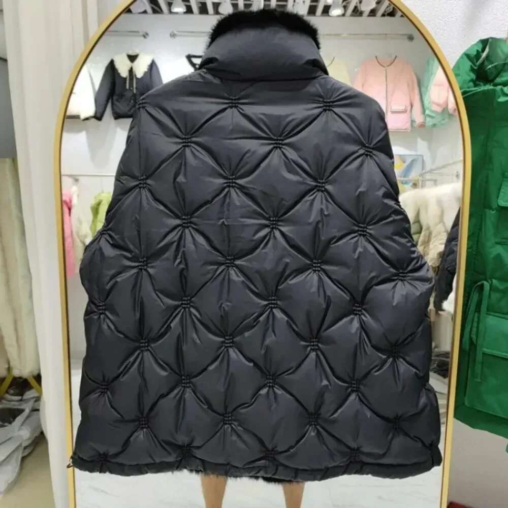 Fashion Women Winter Warm New Stand Collar Loose Embroidery Natural Mink Fur Jacket White Duck Down Coat