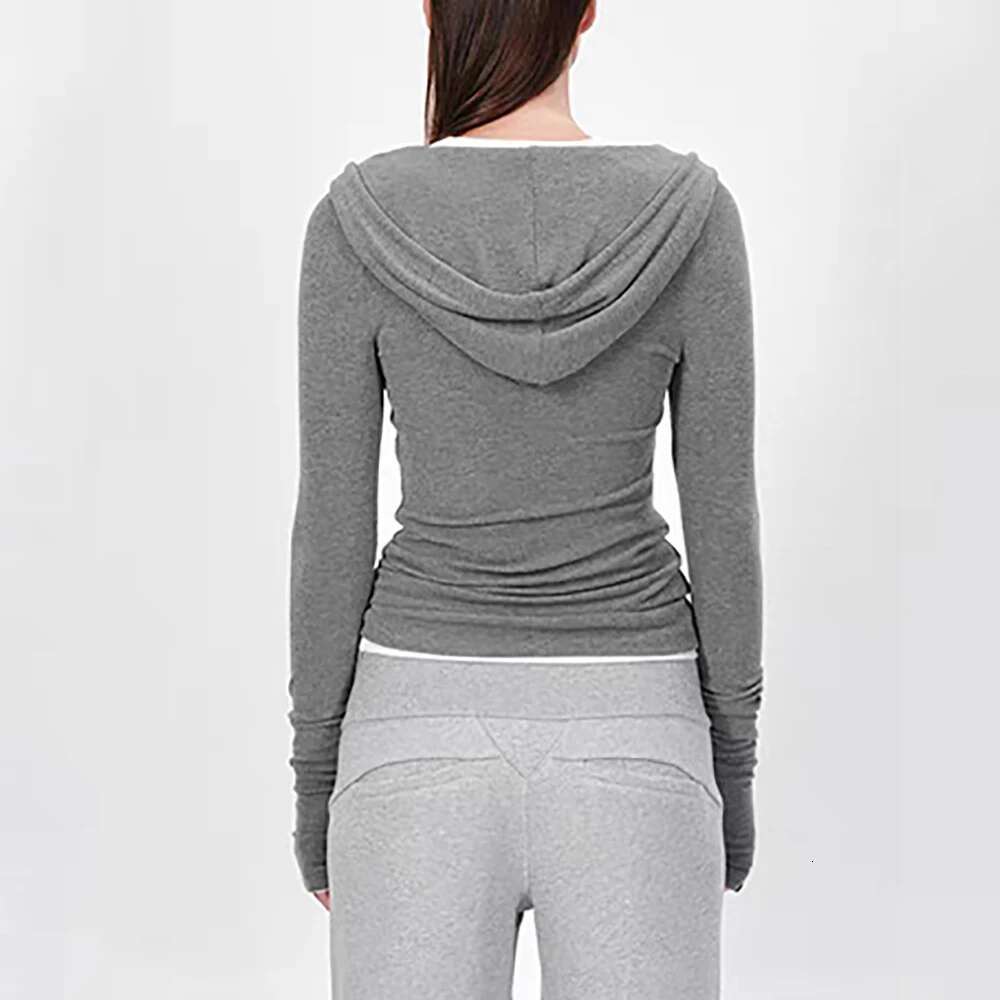 Drawstring Hooded Women's T-Shirt Y2k Ribbed Decoration Simple Slim Long Sleeve Knit Top Bottom Shirt 2025 New
