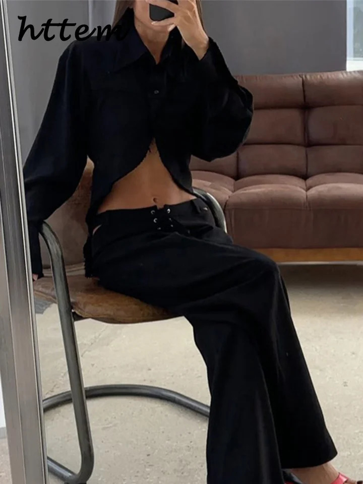 Street Crop Shirts Pants Sets Women Lapel Single-breasted Blouses Low Waist Bandage Trousers 2025 Spring Lady Chic Casual Suits 250210