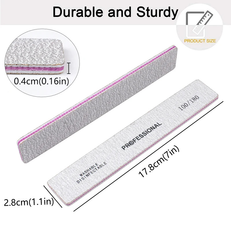 20Pcs/lot Professional Rectangle Nail Files Grey Buffer 80/100/180 Grit Washable Files For Manicure Straight Nail Care Tools 250214