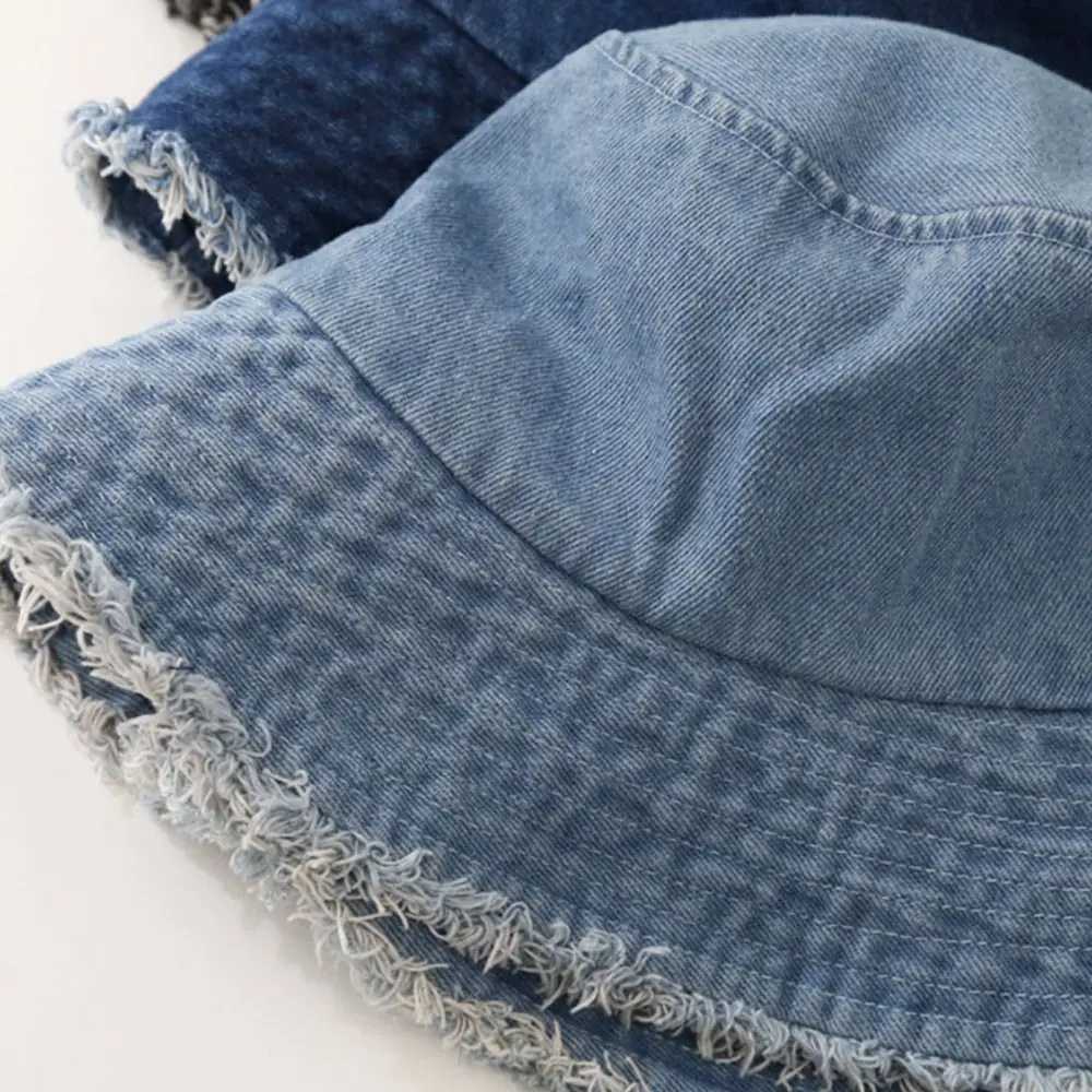 Sunscreen Hat Solid Color Fur Denim Fisherman Hat Denim Style Men Women Bucket Hat Fringed Edge Summer Vintage Bob Hat W250217