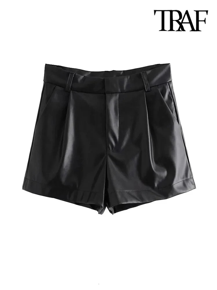 TRAFWomens Faux Leather Shorts with Side Pockets High Waist Zipper Fly Female Short Pants Chic Fashion 250213
