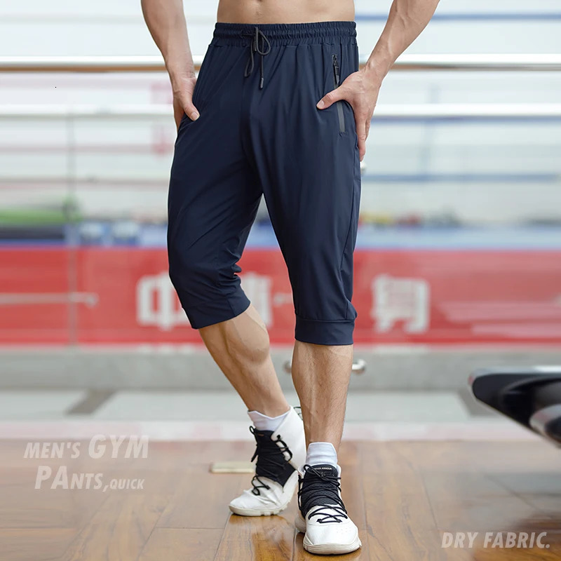 Men Running Cropped Pants Ice silk Summer Ice silk Quick Dry Training Fitness Zip Pocket Joggings Pant Male Gym 3/4 Sweatpants 250217