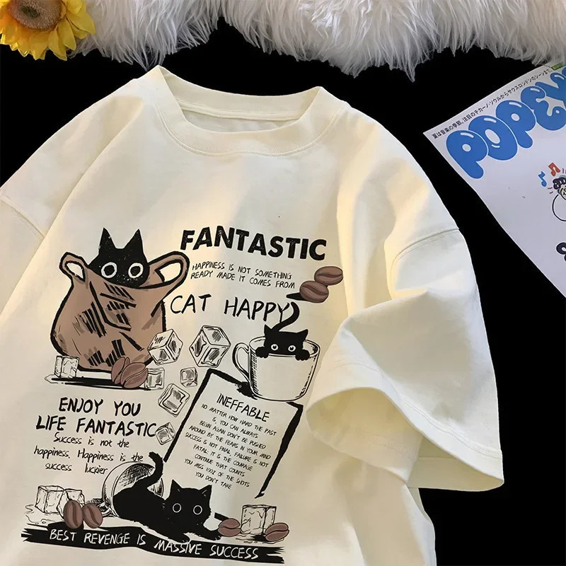 Men Women T Shirt Pullover Oversize Korean version Cartoon Cat Group Printed T-Shirt Casual Short Sleeve Couples T-Shirt 250217