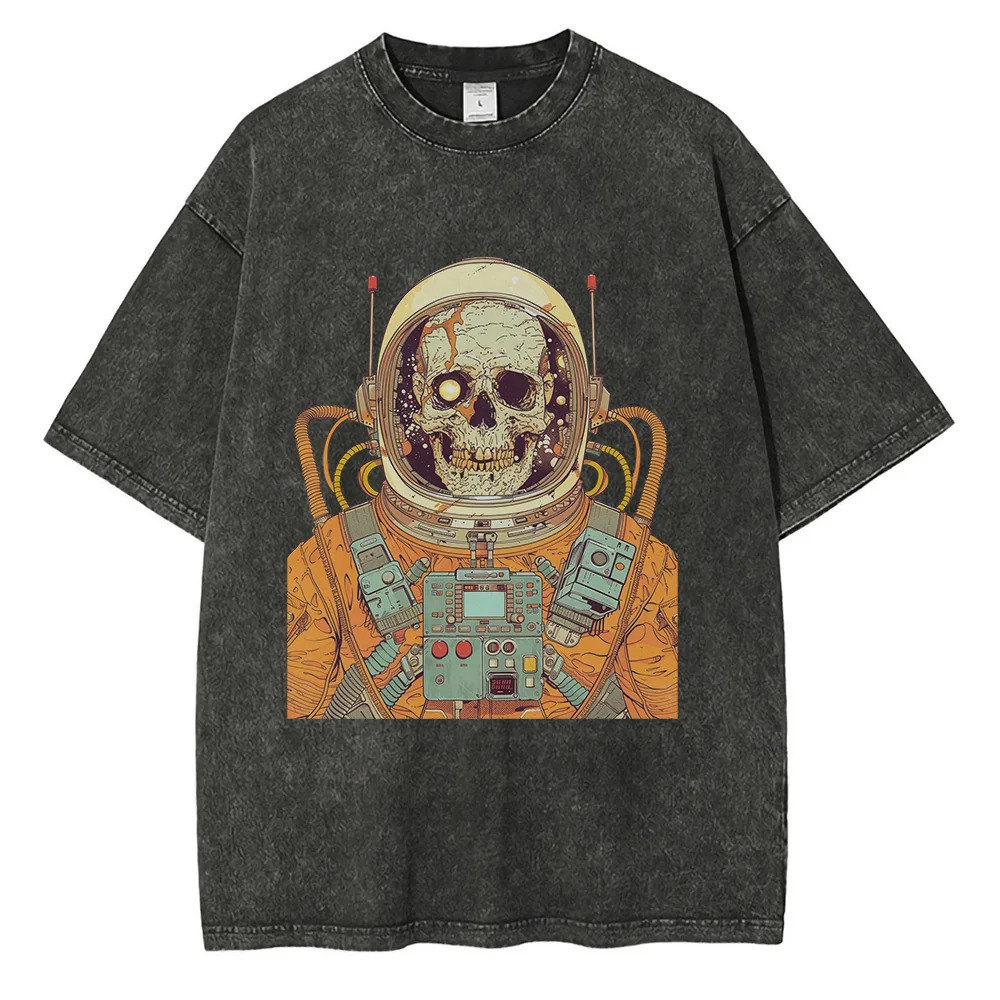 70s Astronaut Skull Graphic T-shirts Retro Sci-fi Painting Print Oversized T-shirt Distressed Cotton Mens Tops 250214