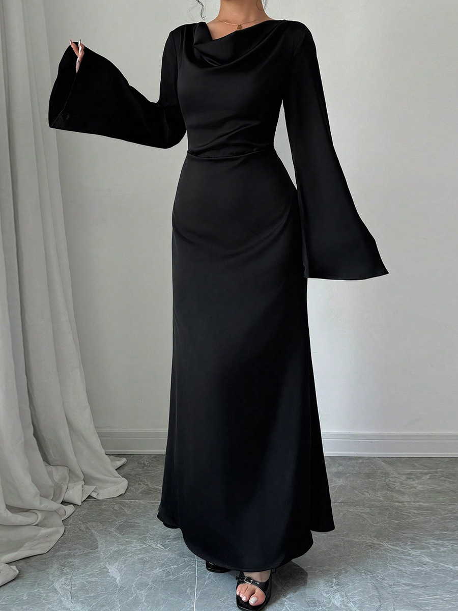 W17295 Body shape women's clothing long sleeve loose tie waist black long skirt high-end temperament dress female