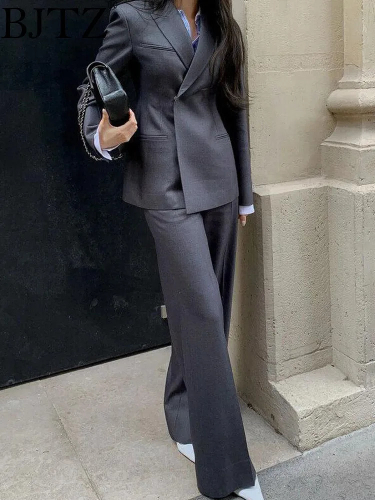 BJTZ The Womens Suit Brings A High-end Feel Wearing A Professional Little Gray Suit Jacket Wide-leg Pants Two Pieces 250210
