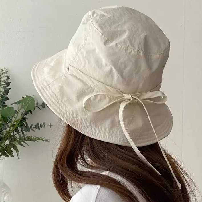 Summer Fisherman Hat Women Lace-up Hat Sun Wide Brim Windproof Strap Anti-UV Sunshade Bucket Hat W250217