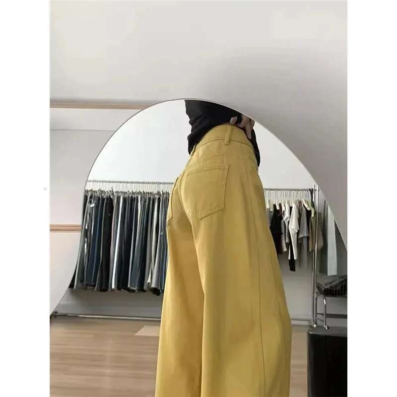 Yellow Womens Jeans High Waist Vintage Classic Pockets Straight Baggy Pants Street American Style Wide Leg Denim Trouser