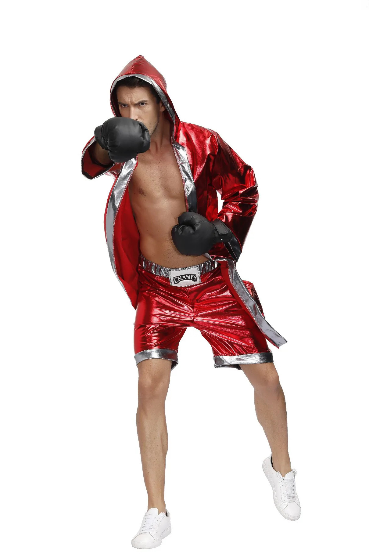 Mens Red Boxer Costume Hooded Cloak Robe Crop with Shorts Movie Boxing Robe Clothes Halloween Cosplay Uniform for Male 250217