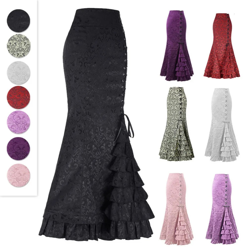 Vintage Gothic Long Skirts Women Punk Fish Tail Skirt High Waisted Temperament Goth Festival Party Wear Woman Clothes 250211