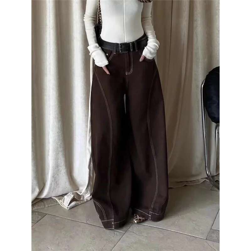 Brown Jeans Women Y2k Vintage High Waisted Straight Trouser American Streetwear Loose Girl Wide Leg Classic Denim Pants