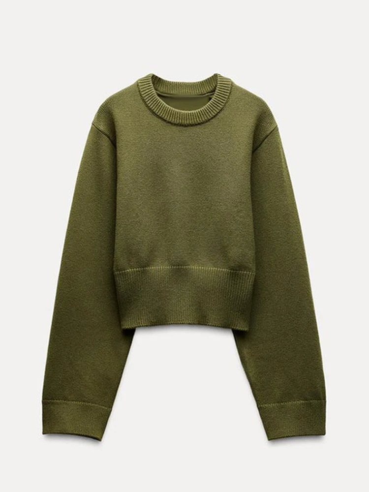 Solid Knitted Crop Sweater Women Slim Oneck Long Sleeve Female Short Pullover Spring Lady Allmatch Knitwear 250211