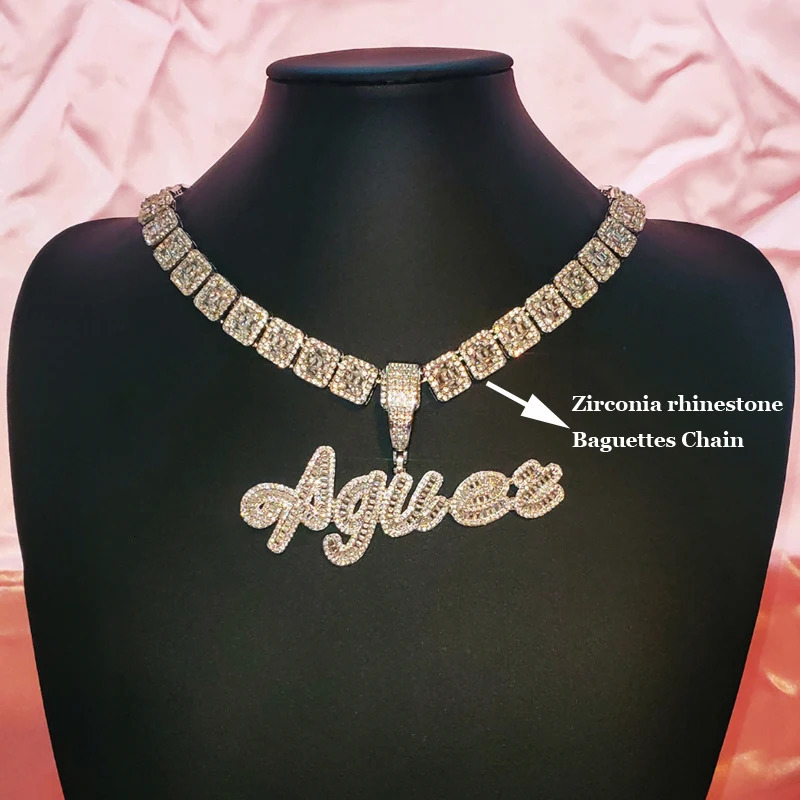 Custom Brush Cursive Iced Out Letter Name Pendant Word Necklace With Rhinestone Baguettes Chain Drop 250214
