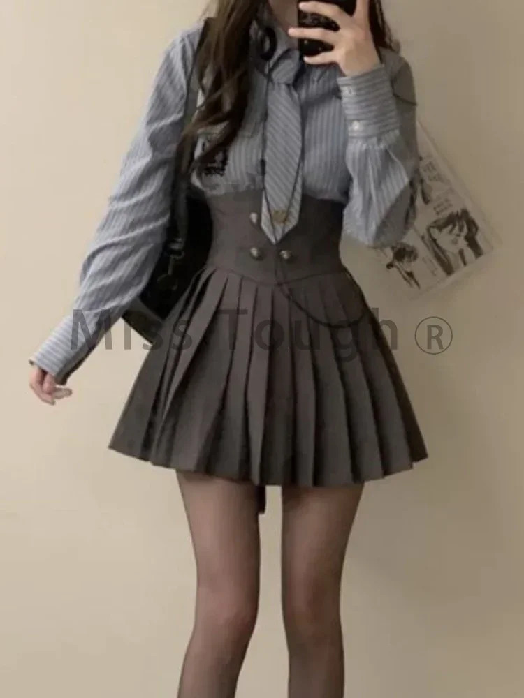 Winter Vintage 3 Piece Set Women Patchwork Kawaii Skirt Suit Female Korean Fashion Short CoatPleated SkirtStriped Shirt 250210