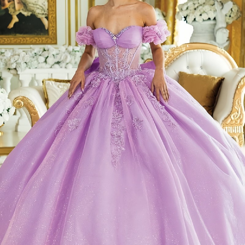 Off-Shoulder Lilac Quinceanera Dresses With Bow Back Lace Appliques Sweetheart Princess Prom Party Special Occasion Wear 2025 Sweet 16 Dress