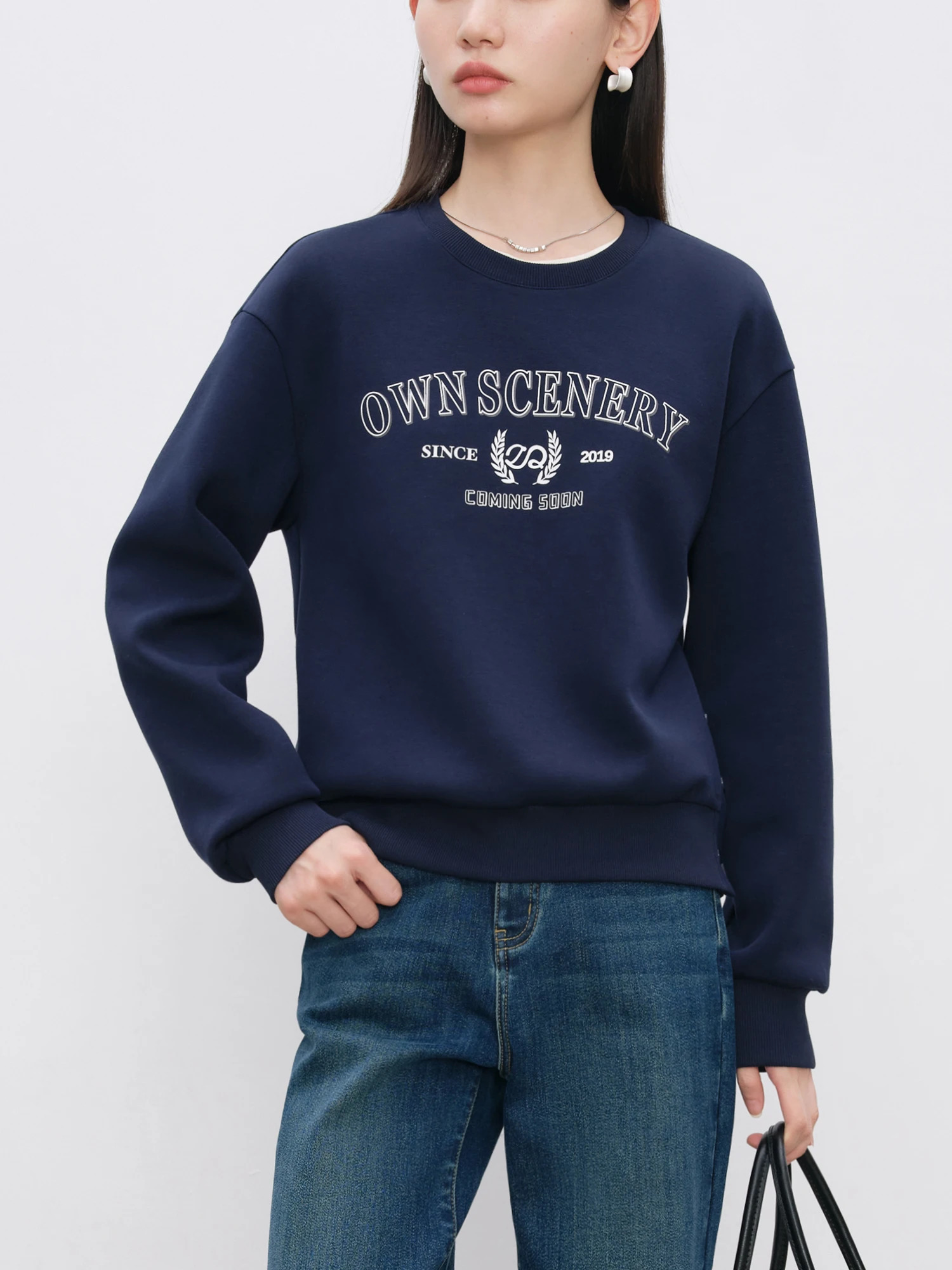 ZIQIAO Women Sweatshirts Letter Print Retro Casual Female Grey Pullover Sweatshirt Drop Sleeve Navy Blue Winter Tops 24ZQ94295 250213