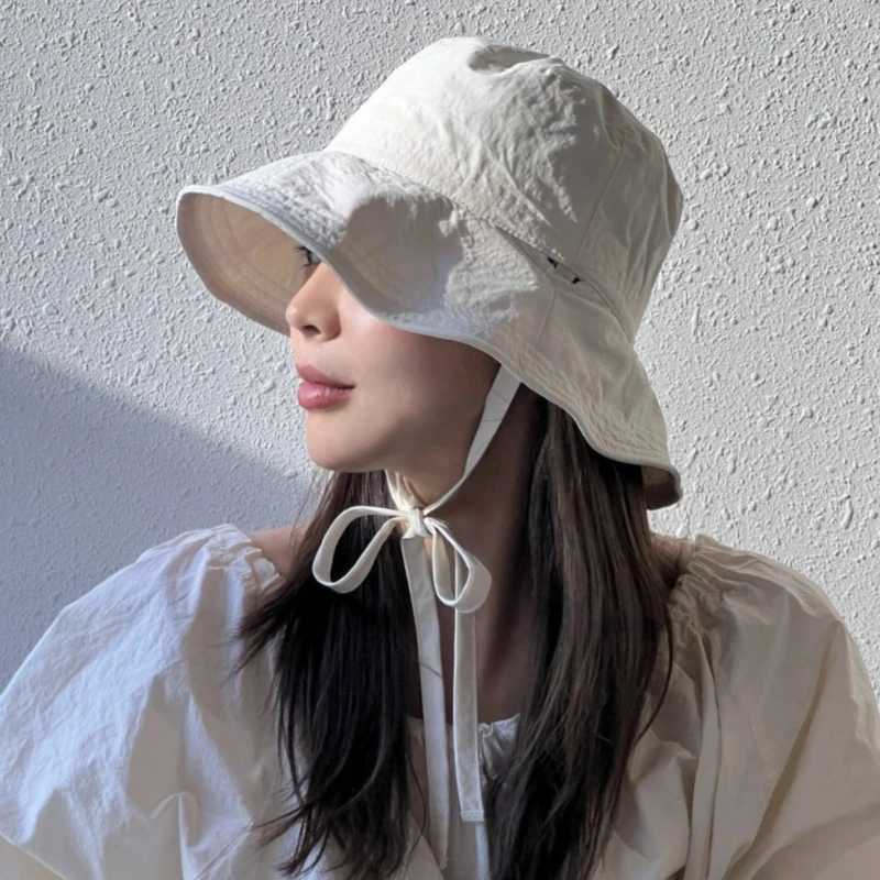 Korean Ins Fisherman Hat Women Lace-up Hat Wide Brim Windproof Strap Anti-uv Sunshade Bucket Hat W250217