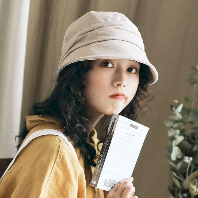 Japanese Cotton Linen Pleated Women Bucket Hat Small Brim Summer UV Resistant Breathable Retro Artist Basin Hat Ladies Berets W250217