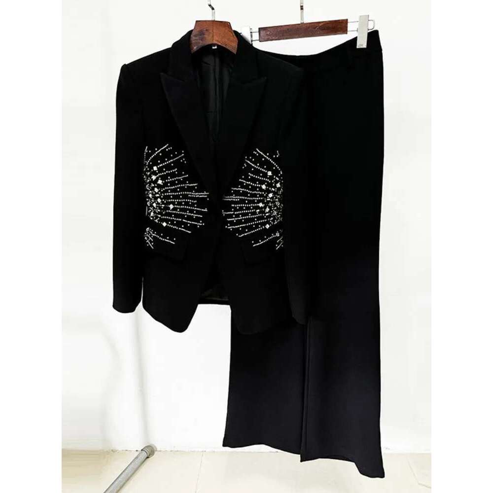 Elegant Women's 2 Pcs Set Lapel Single Button Embroidered Flares Blazer High Waist Solid Pants 2025 Spring New Tide