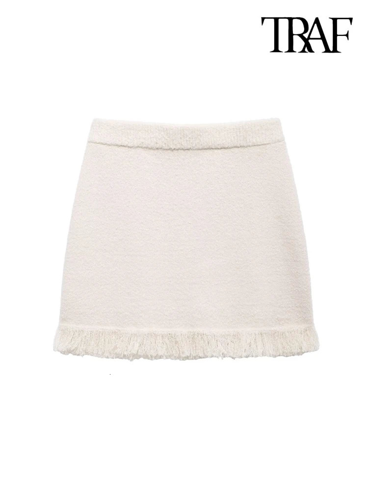 TRAF Women Fashion With Bows Frayed trims Knit Cardigan Sweater And High Elastic Wasit Skirts Female Two Piece Sets Mujer 250214