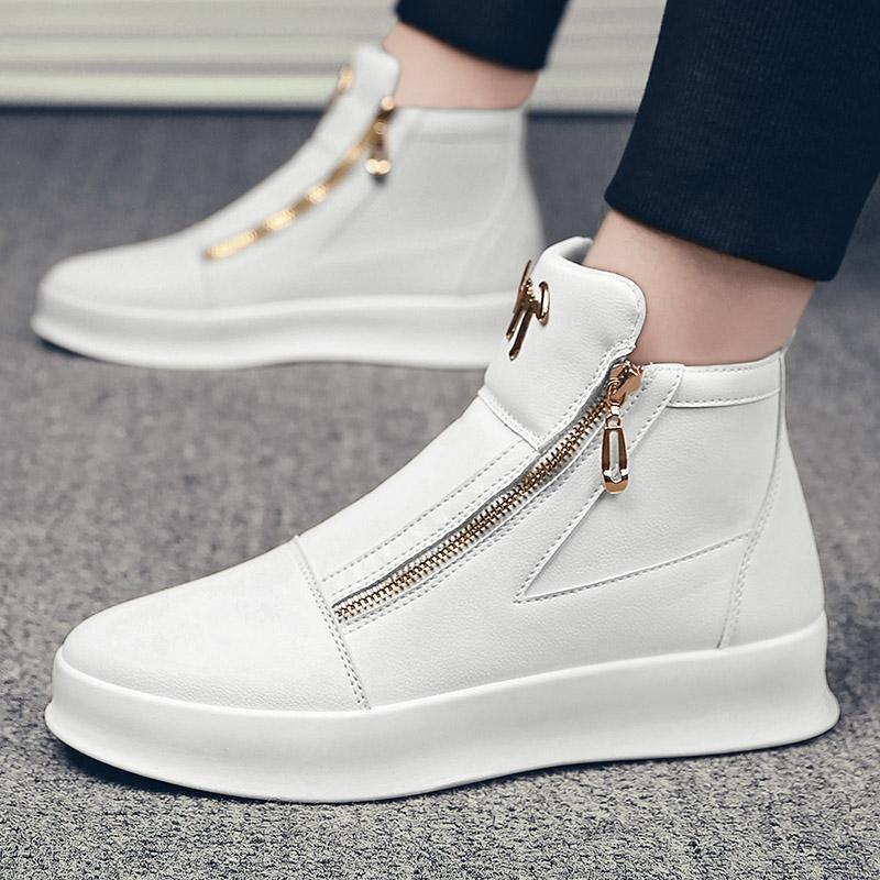 Trend men's shoes summer 2025 new leather breathable high top shoes thick sole white casual shoes men high top board shoes