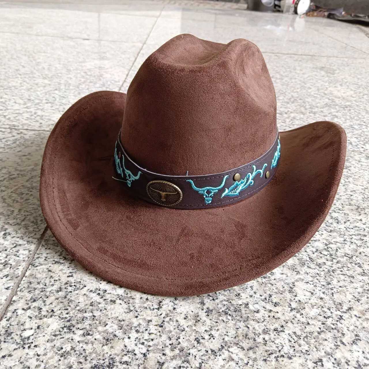 Suede cowboy hat men and women curly brown western cowboy hat solid color classic hat wholesale cowboy hat W250217
