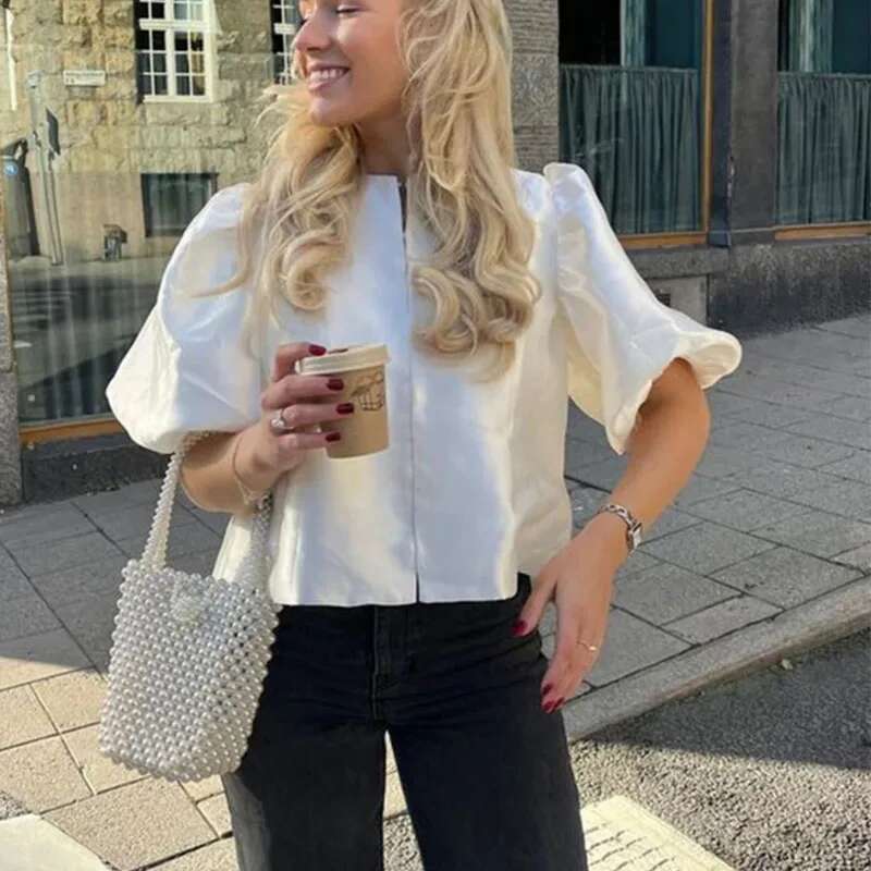 TRAF Satin Crop Top Women Puff Short Sleeve Female Shirts Summer Elegant Round Neck Loose Blouse Cut Out Cropped Blouses