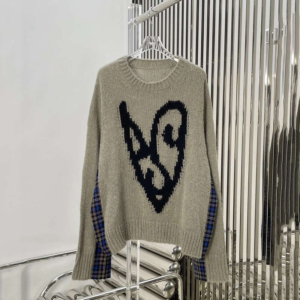 Wool Blend Women Pullover Y2k Checkered Patchwork Elegant Commuter Round Neck Long Sleeve Knit Top Sweater 2025 Winter New