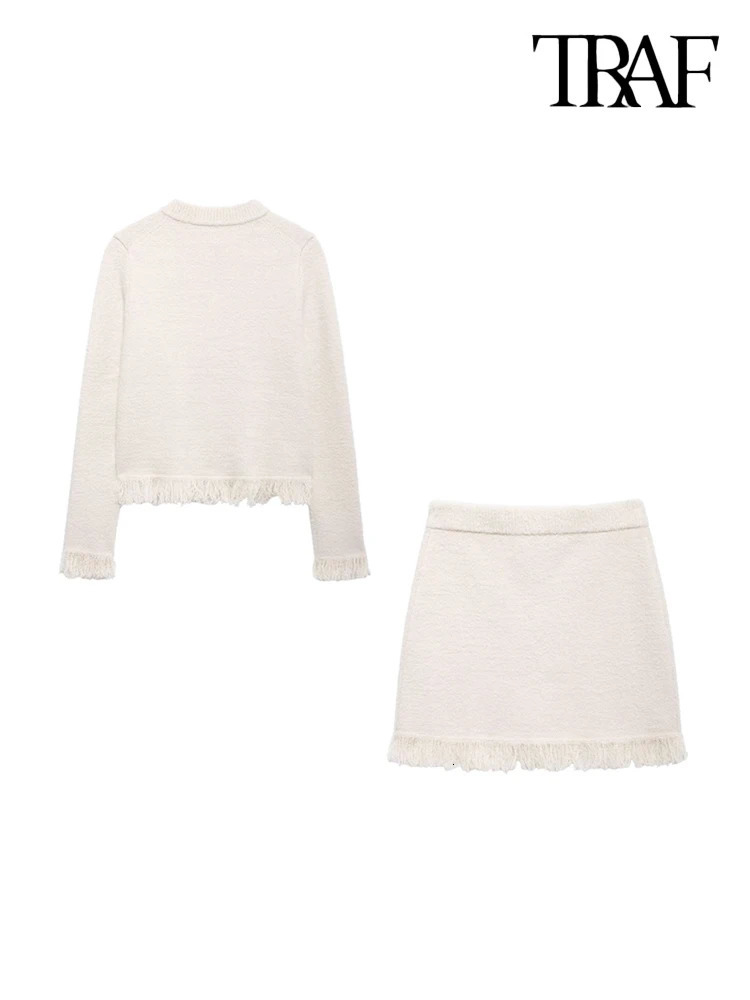 TRAF Women Fashion With Bows Frayed trims Knit Cardigan Sweater And High Elastic Wasit Skirts Female Two Piece Sets Mujer 250214