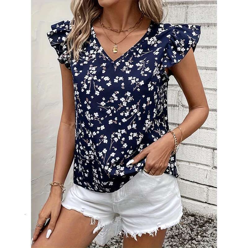 Shirt Fashion Women's Commuting V-Neck Breathable Lace Sleeve Tibetan Blue Small Ral Print Design Unique Niche New Noble Shir