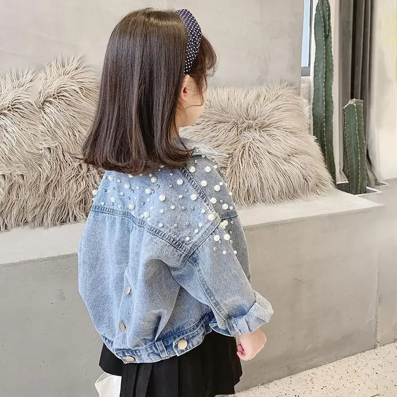 Spring Autumn Pearl Embellishment Teenage Girls Denim Coat Children Fashion Windbreaker Kids Birthday Present Outerwear 250214