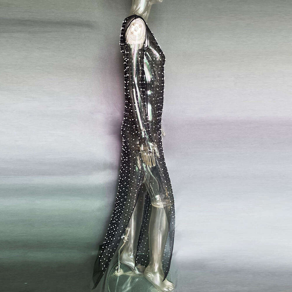 Summer Hot Women's Bubble Bead Paste Dia Mesh Perspective Long Dress 2025 New Casual Fashion Trendy Clothing