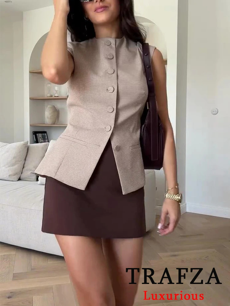 TRAFZA Vintage Casual Chic Office Lady Blazer Women Plaid O-Neck Sleeveless Single Breasted Blazer Fashion Spring Blazers 250210