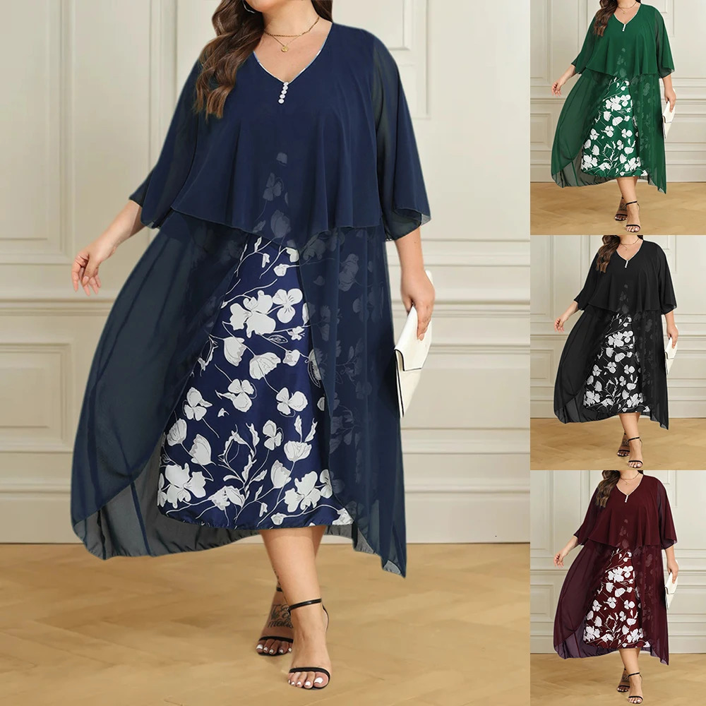 Enlarged XL5XL Elegant Fashion Vneck Loose Party Dress Chiffon Splicing Two Piece Irregular Half Sleeve Womens 250214