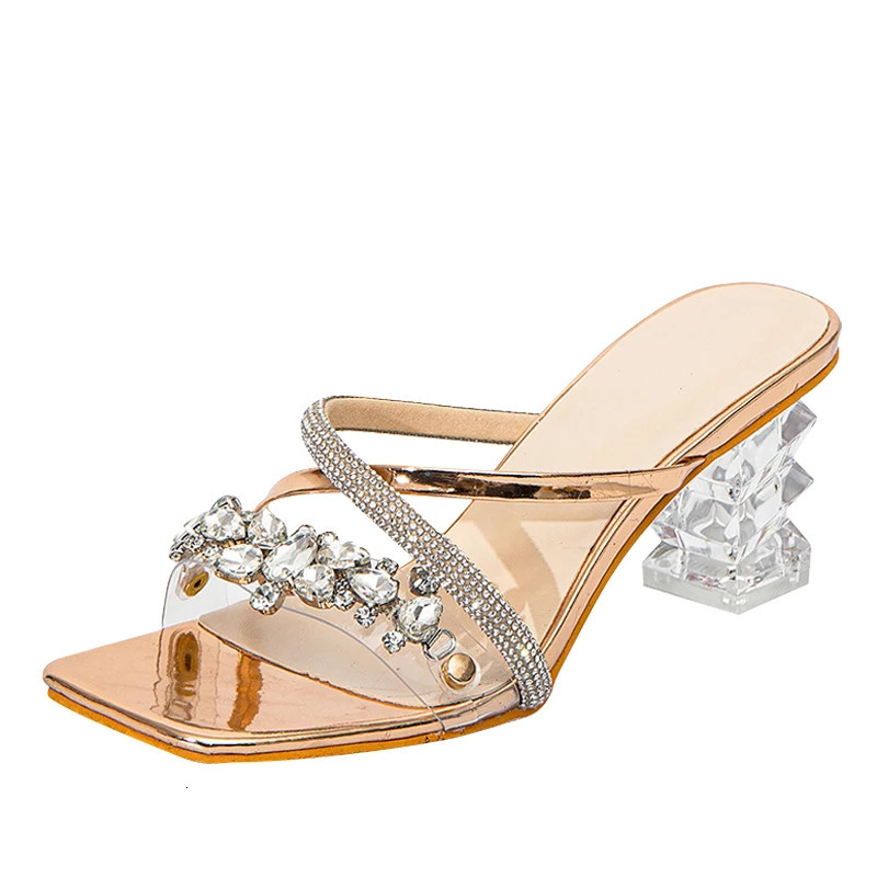 Hlieny 2025 Fashion Crystal PVC Transparent Woman Slippers Strange Style High Heels Square Toe Female Pumps Slides Shoes 250122